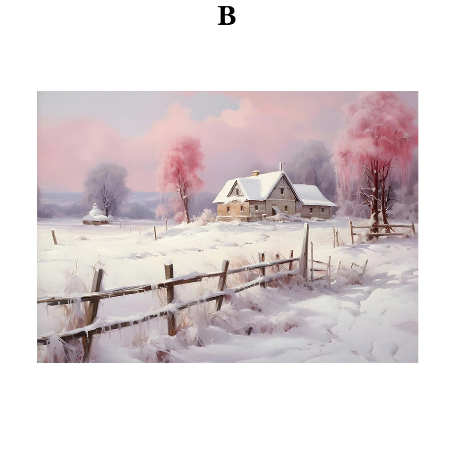 Kerst schilderij roze kerstboom met sneeuwhuis en winterse sfeer op canvas