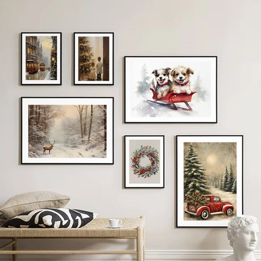 Kerst schilderij Ski Puppy Santa Vintage Auto en Kerstboom Canvas