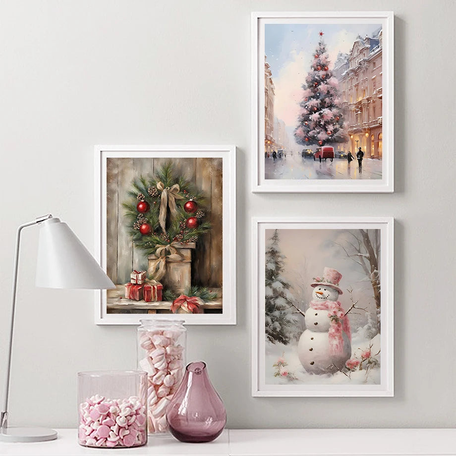 Kerst schilderij vintage trein met roze sneeuwpop en kerstboom in winterbos