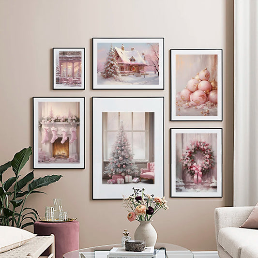 Kerst schilderij roze kerstboom met sneeuwhuis en winterse sfeer op canvas