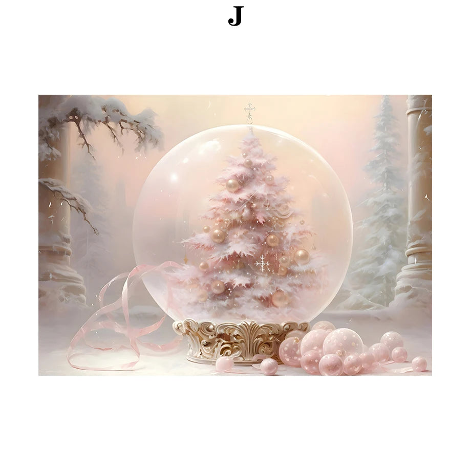 Kerst schilderij roze kerstboom met sneeuwhuis en winterse sfeer op canvas