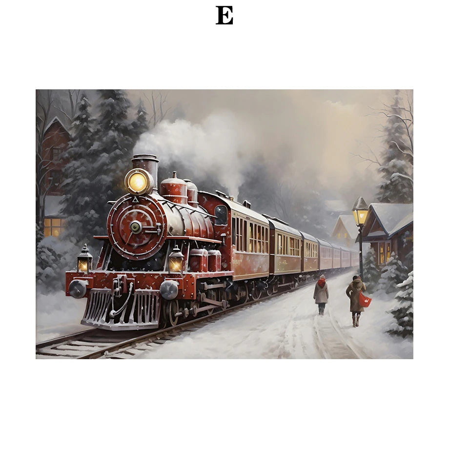 Kerst schilderij vintage trein met roze sneeuwpop en kerstboom in winterbos