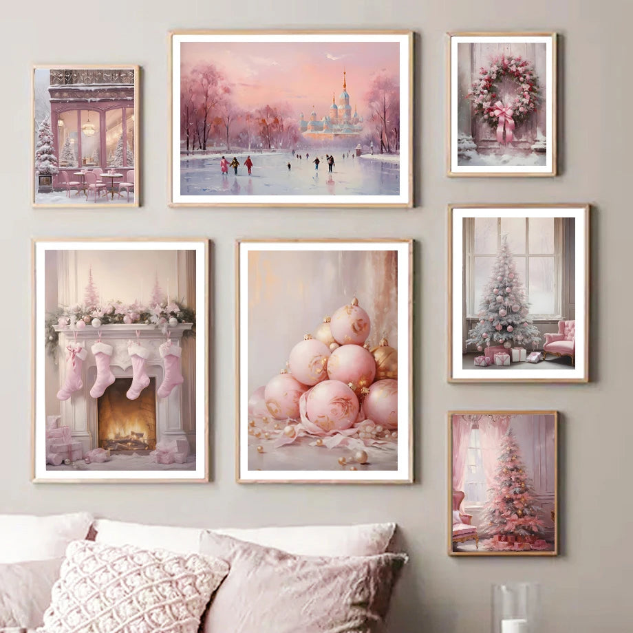 Kerst schilderij roze kerstboom met sneeuwhuis en winterse sfeer op canvas
