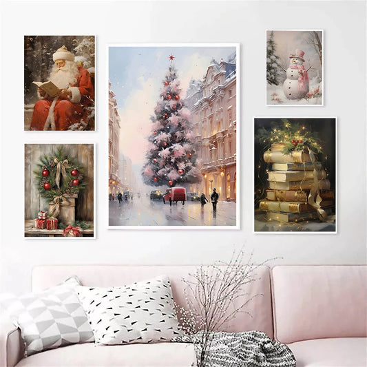 Kerst schilderij vintage trein met roze sneeuwpop en kerstboom in winterbos