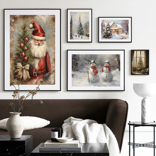 Kerst schilderij Kerstman - sneeuwpop - winterhuis aquarel canvas poster