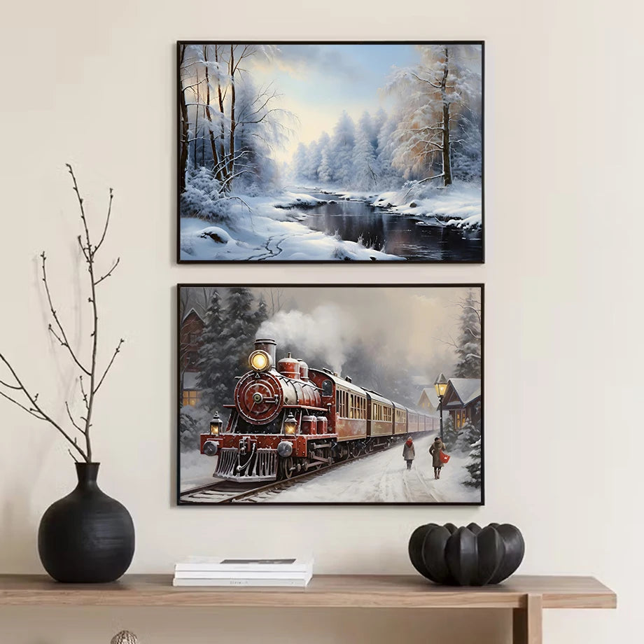 Kerst schilderij vintage trein met roze sneeuwpop en kerstboom in winterbos