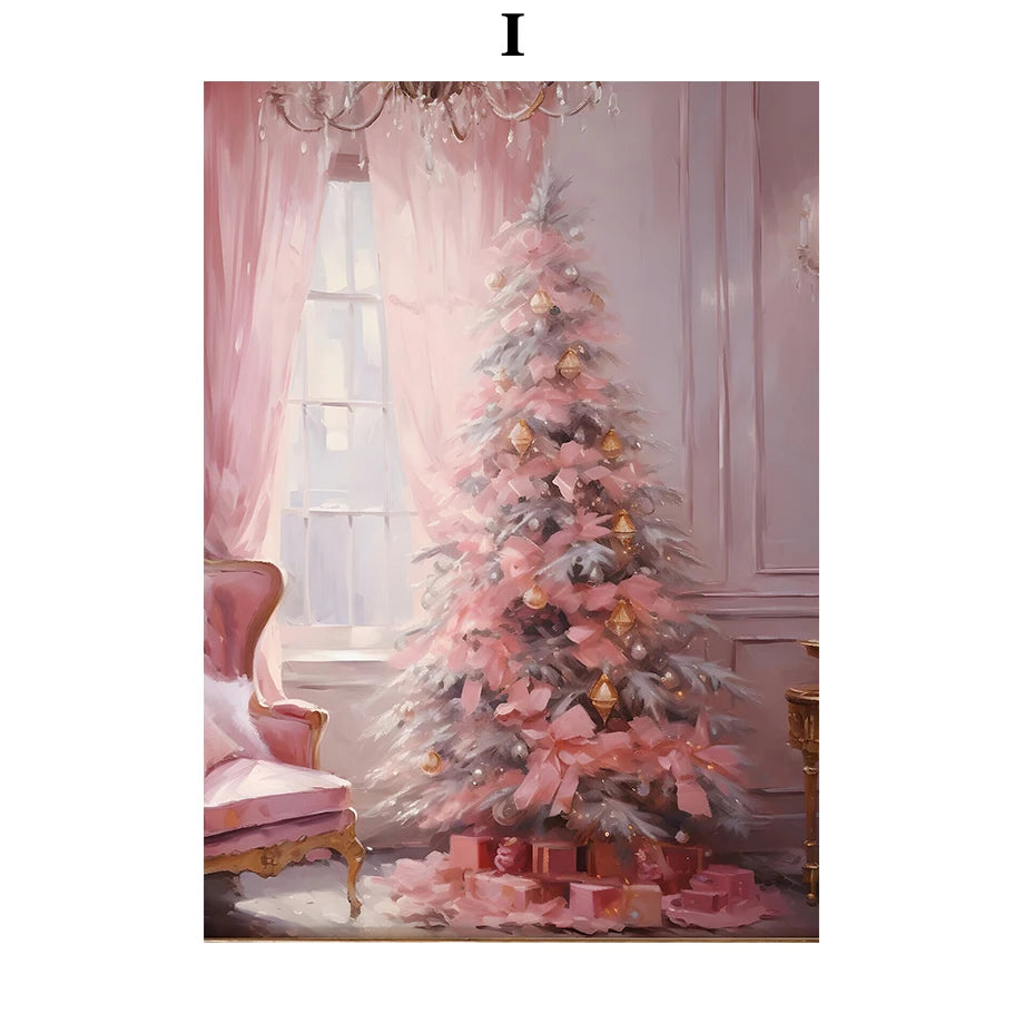 Kerst schilderij roze kerstboom met sneeuwhuis en winterse sfeer op canvas