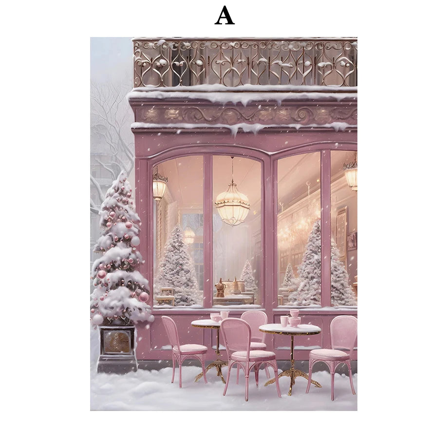 Kerst schilderij roze kerstboom met sneeuwhuis en winterse sfeer op canvas
