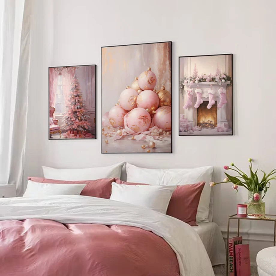 Kerst schilderij roze kerstboom met sneeuwhuis en winterse sfeer op canvas