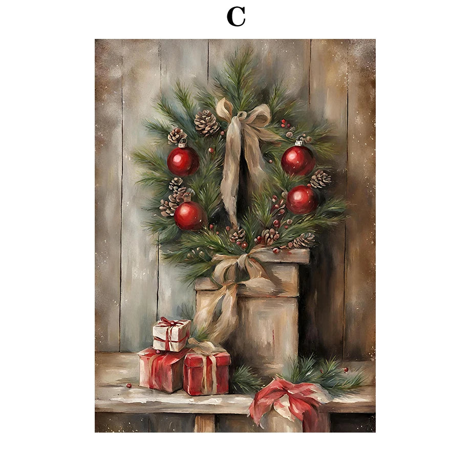 Kerst schilderij vintage trein met roze sneeuwpop en kerstboom in winterbos