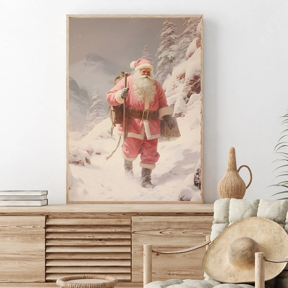 Kerst schilderij Santa Claus sneeuwvlokken poster voor feestelijke muurdecoratie