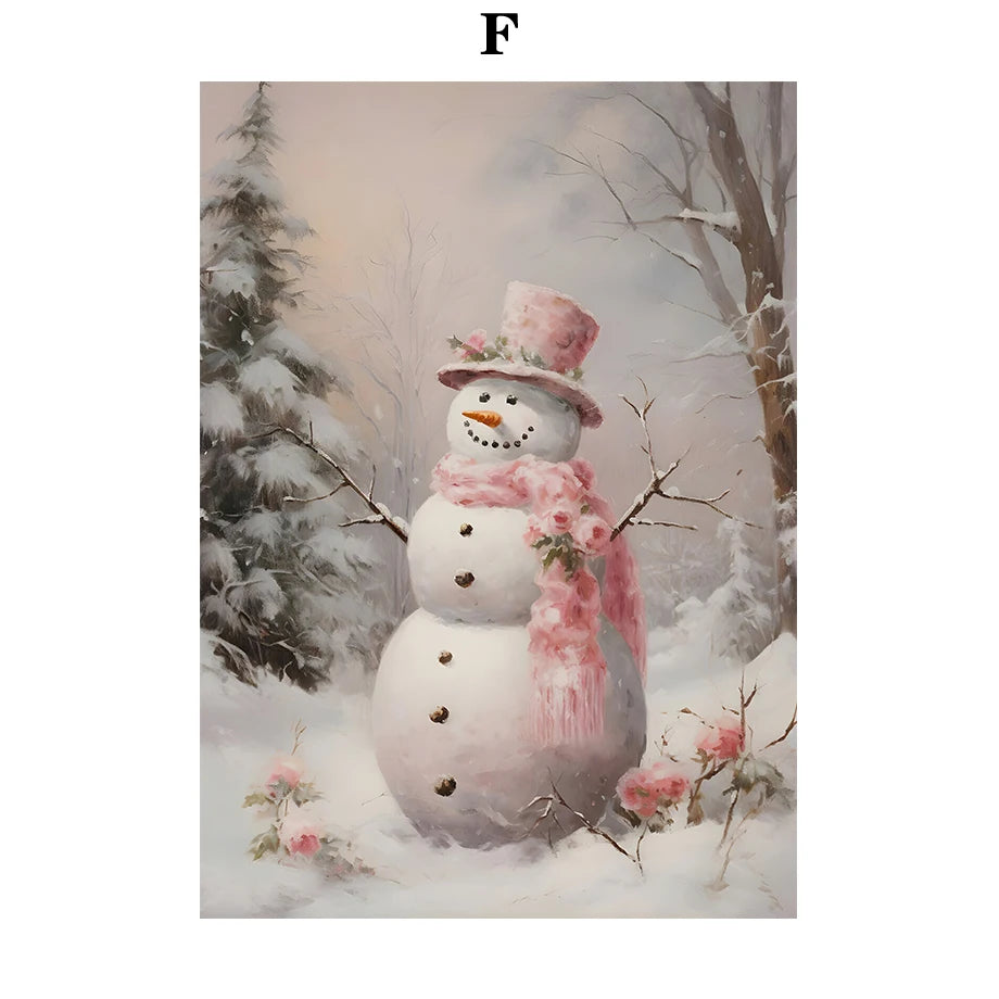 Kerst schilderij vintage trein met roze sneeuwpop en kerstboom in winterbos