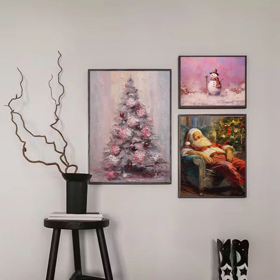 Kerst schilderij sneeuwpop kerstman kerstboom canvas wanddecoratie