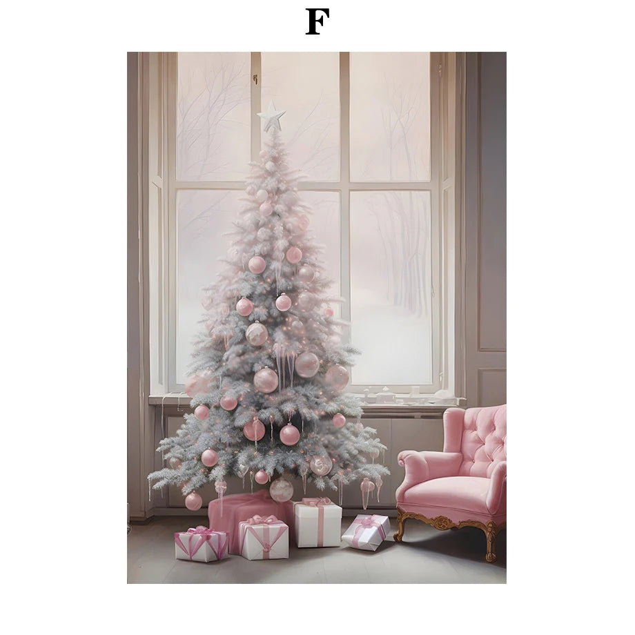 Kerst schilderij roze kerstboom met sneeuwhuis en winterse sfeer op canvas