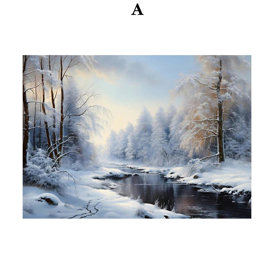 Kerst schilderij vintage trein met roze sneeuwpop en kerstboom in winterbos