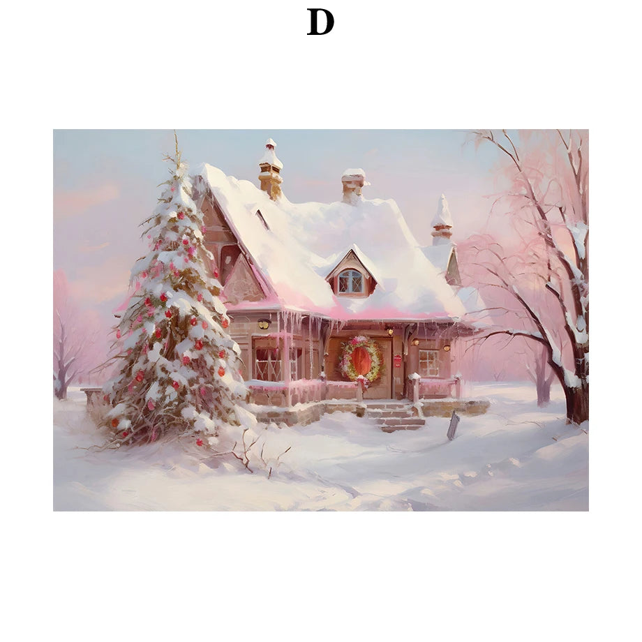 Kerst schilderij roze kerstboom met sneeuwhuis en winterse sfeer op canvas