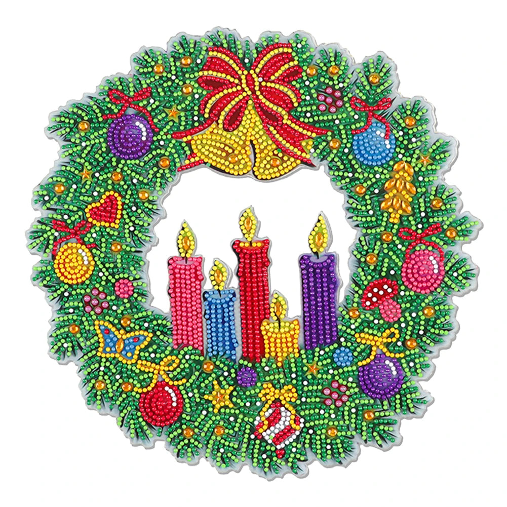 Diamond Painting Kerst krans met Kerstman, vogel, sneeuwpop en meer