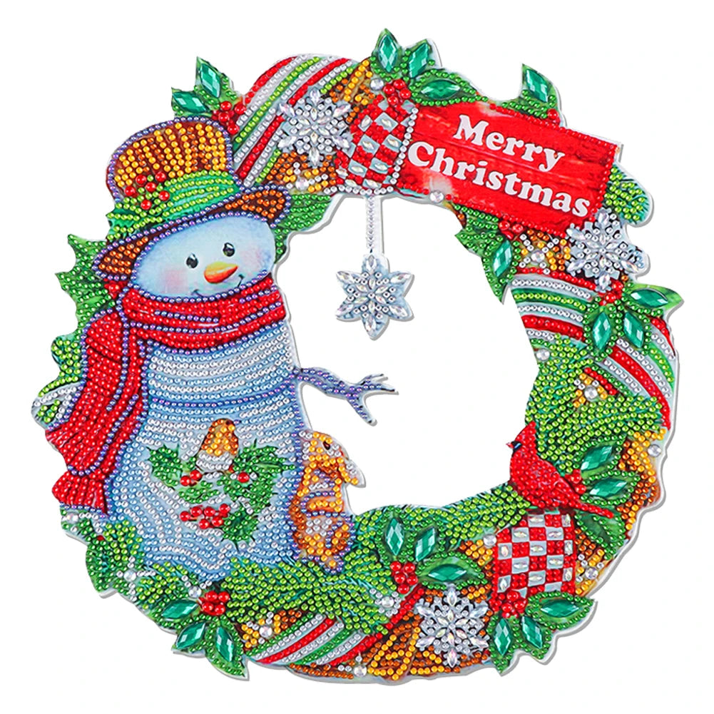 Diamond Painting Kerst krans met Kerstman, vogel, sneeuwpop en meer