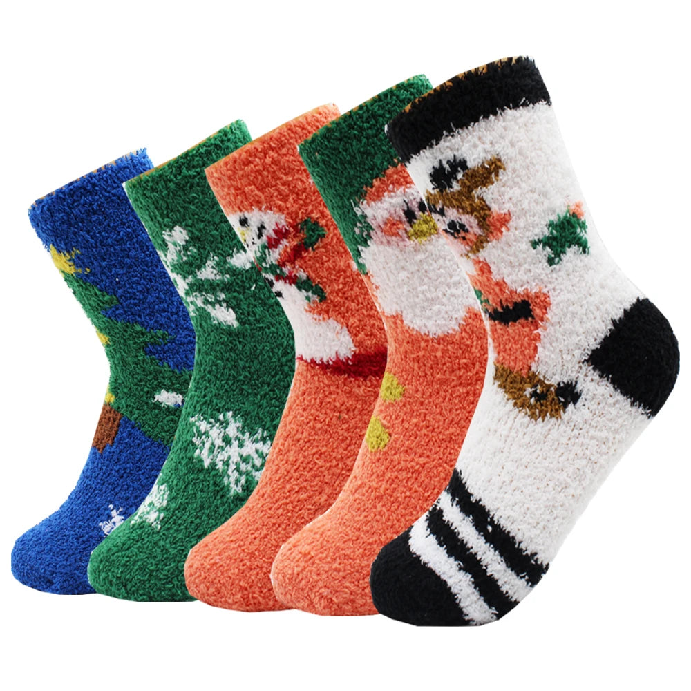 Kerstsokken warme zachte fleece met rendier en sneeuwvlok design – 5 paar