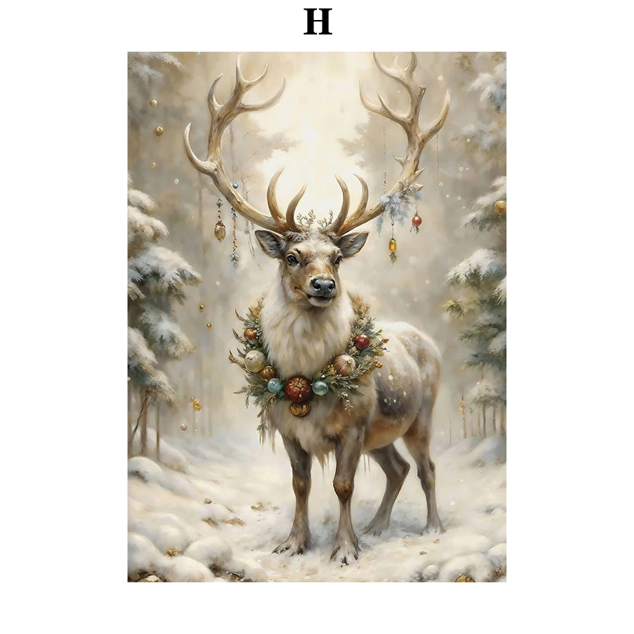 Kerst schilderij met kerstman, sneeuwpop, rendier en arrenslee wintertafereel