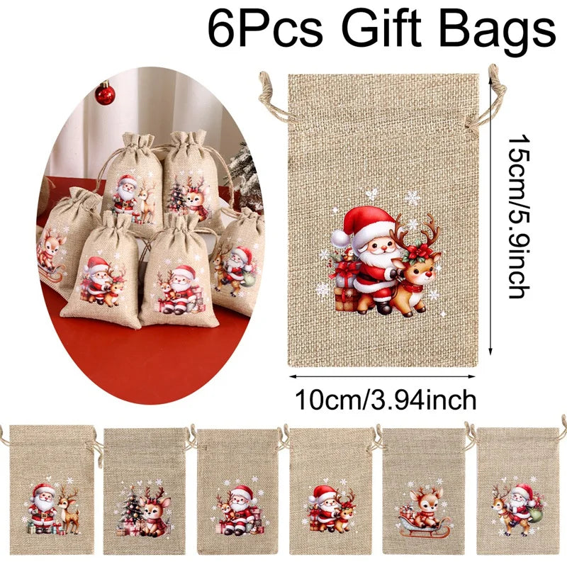 Kerst cadeauverpakking linnen trekkoord zakjes set van 6 stuks
