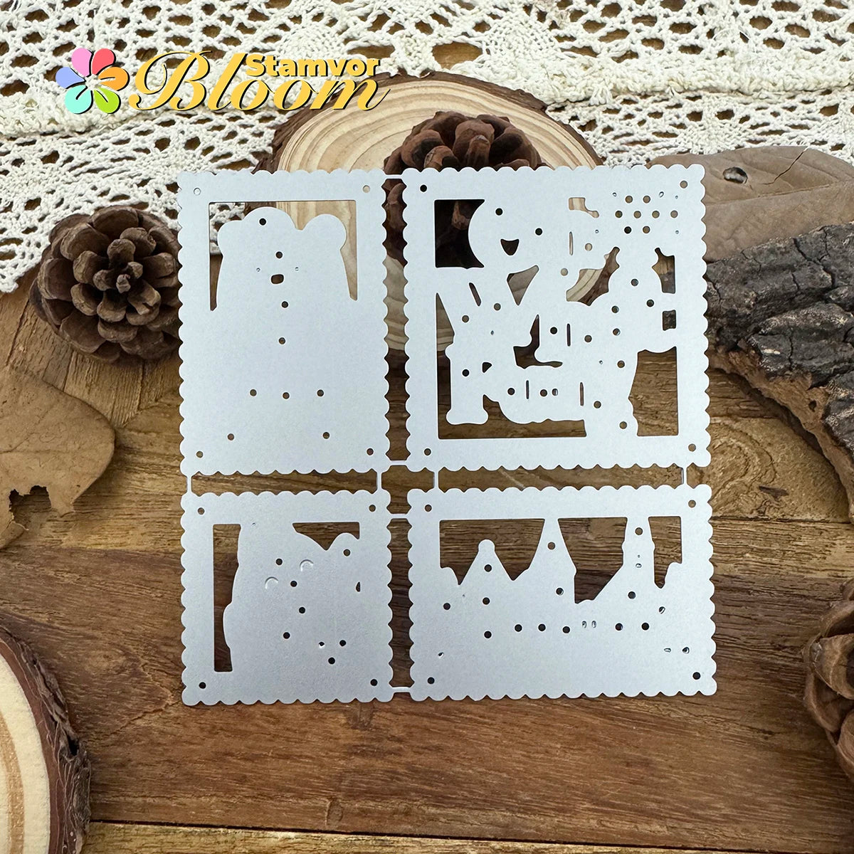 Snijmal kerstbeer en pinguïn dorp met postzegel en frame motieven