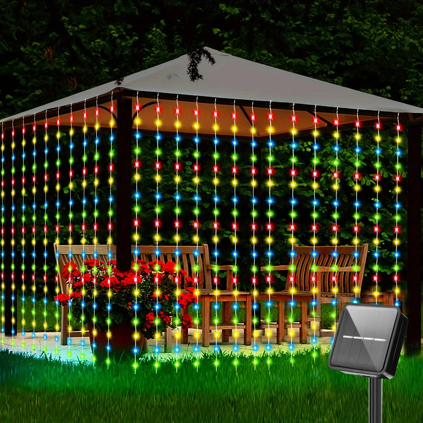 Kerst lichtgordijn op zonne-energie met 8 lichtstanden voor buiten
