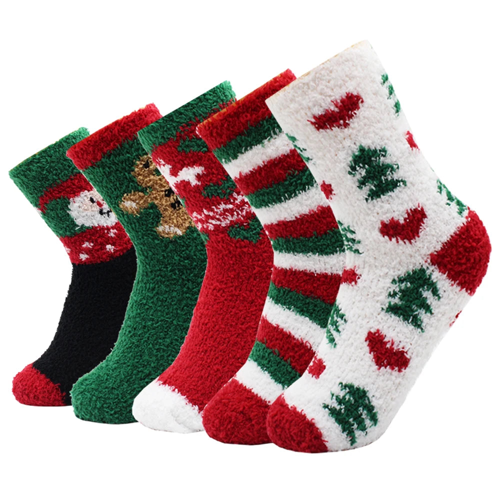 Kerstsokken warme zachte fleece met rendier en sneeuwvlok design – 5 paar
