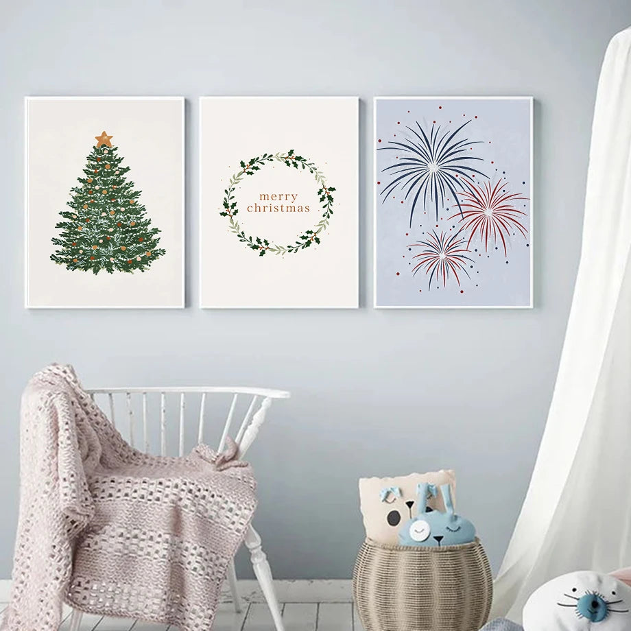 Kerst schilderij vuurwerk kerstboom feestelijke wanddecoratie canvas