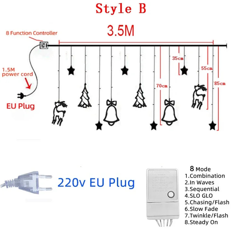 Kerst lichtgordijn rendier, bel en Kerstboom gordijnverlichting LED sfeerverlichting