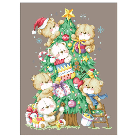 Borduurpakket Kerstbeer met Boom – Kruissteekset voor de Feestdagen