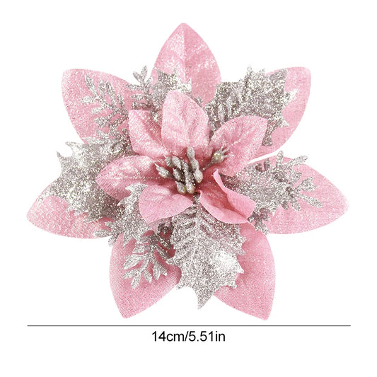 Kerst ornament voor in Kerstboom glitterbloemen goud 14,5 cm set van 5 stuks