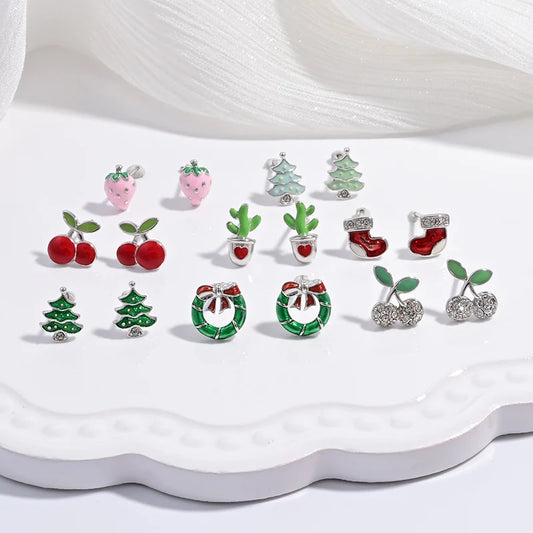 Zilveren Kerst oorbellen kerstboom kers aardbei studs feestelijke accessoires
