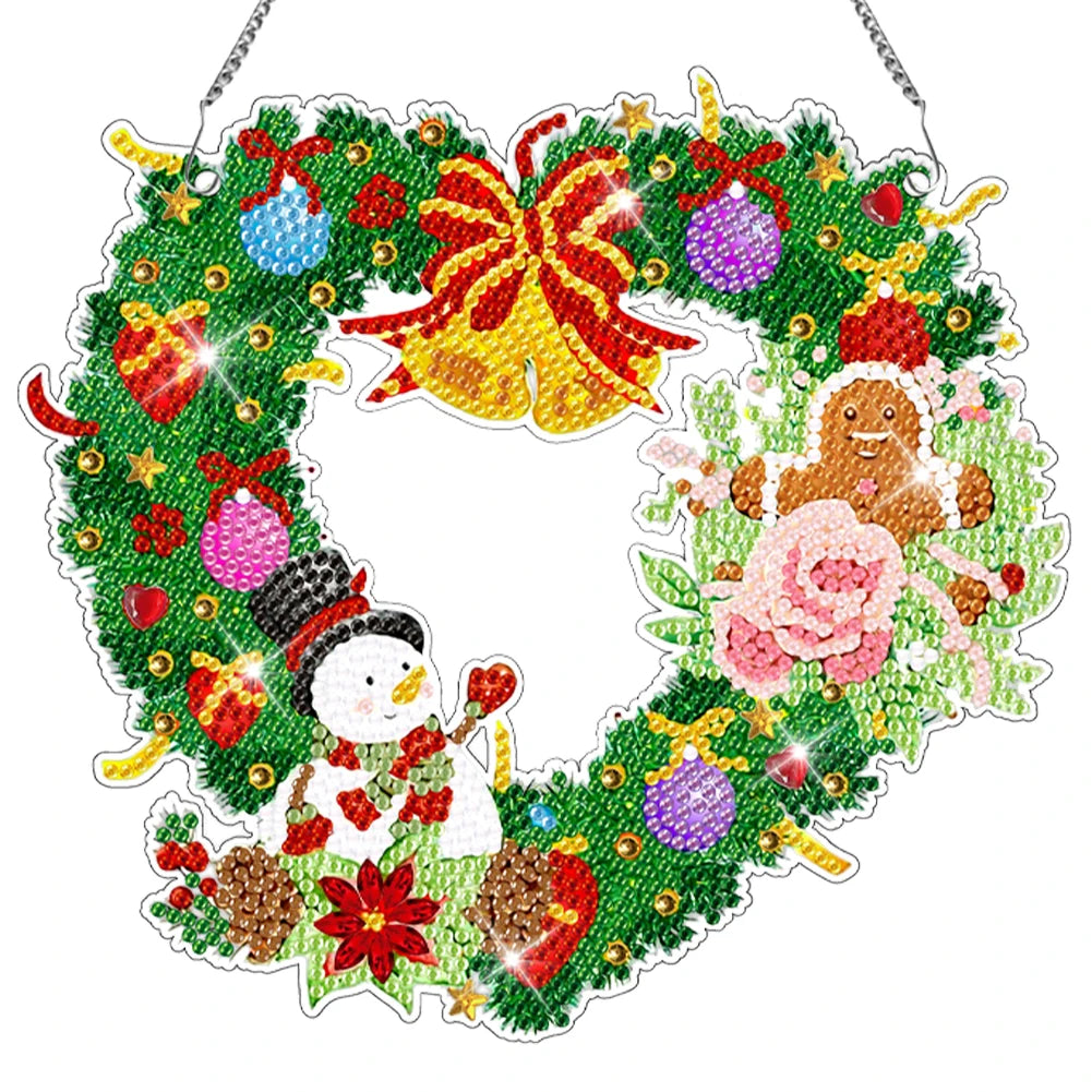 Diamond Painting Kerst krans met Kerstman, vogel, sneeuwpop en meer