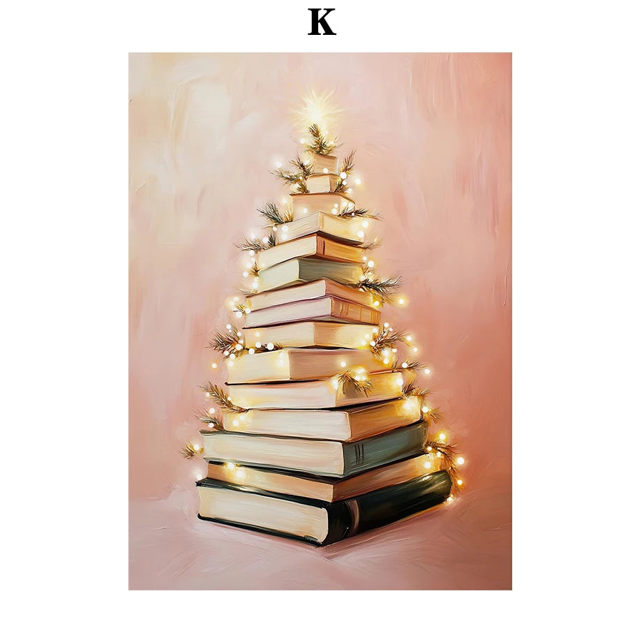Kerst schilderij roze strik cadeau kerstboom sneeuwhuis slee poster