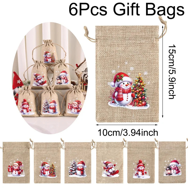 Kerst cadeauverpakking linnen trekkoord zakjes set van 6 stuks