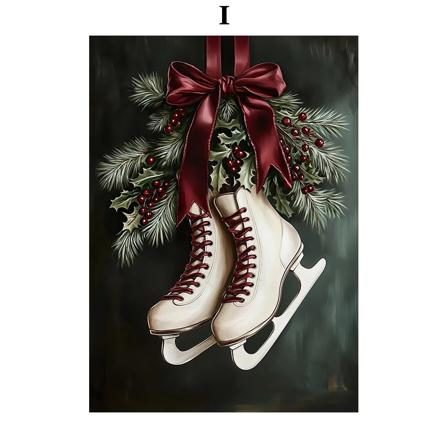 Kerst schilderij roze strik cadeau kerstboom sneeuwhuis slee poster