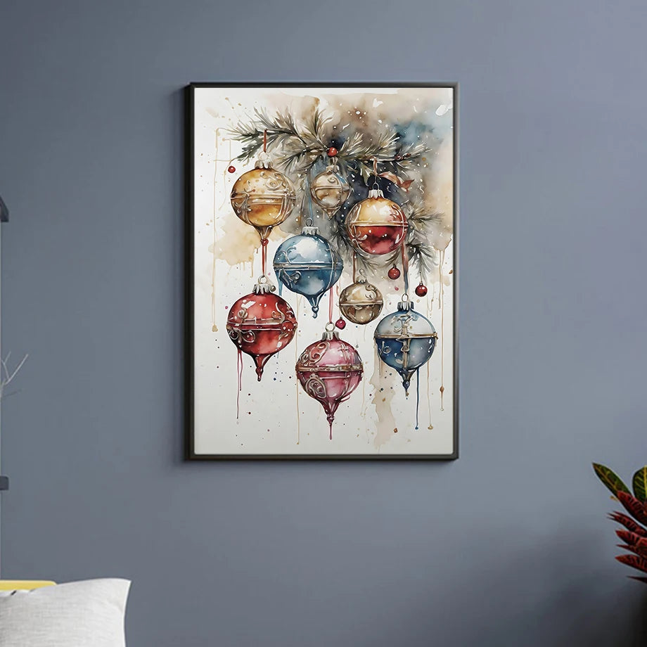 Kerst schilderij met kerstman, sneeuwpop, rendier en arrenslee wintertafereel
