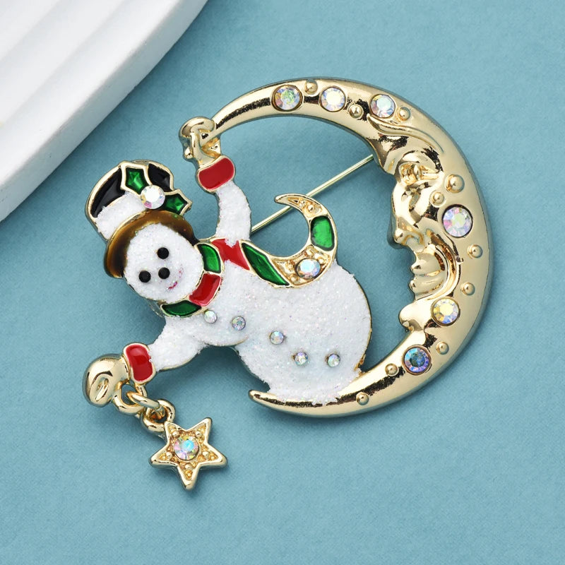 Broche Kerst | Romantische Sneeuwpop met Ster en Maan – Feestelijke Speld