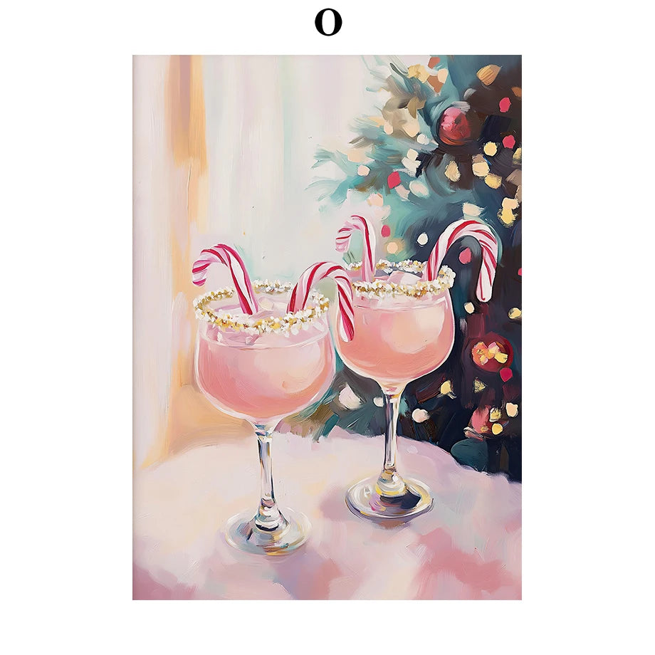 Kerst schilderij rendier en kerstman roze kerstkrans wanddecoratie