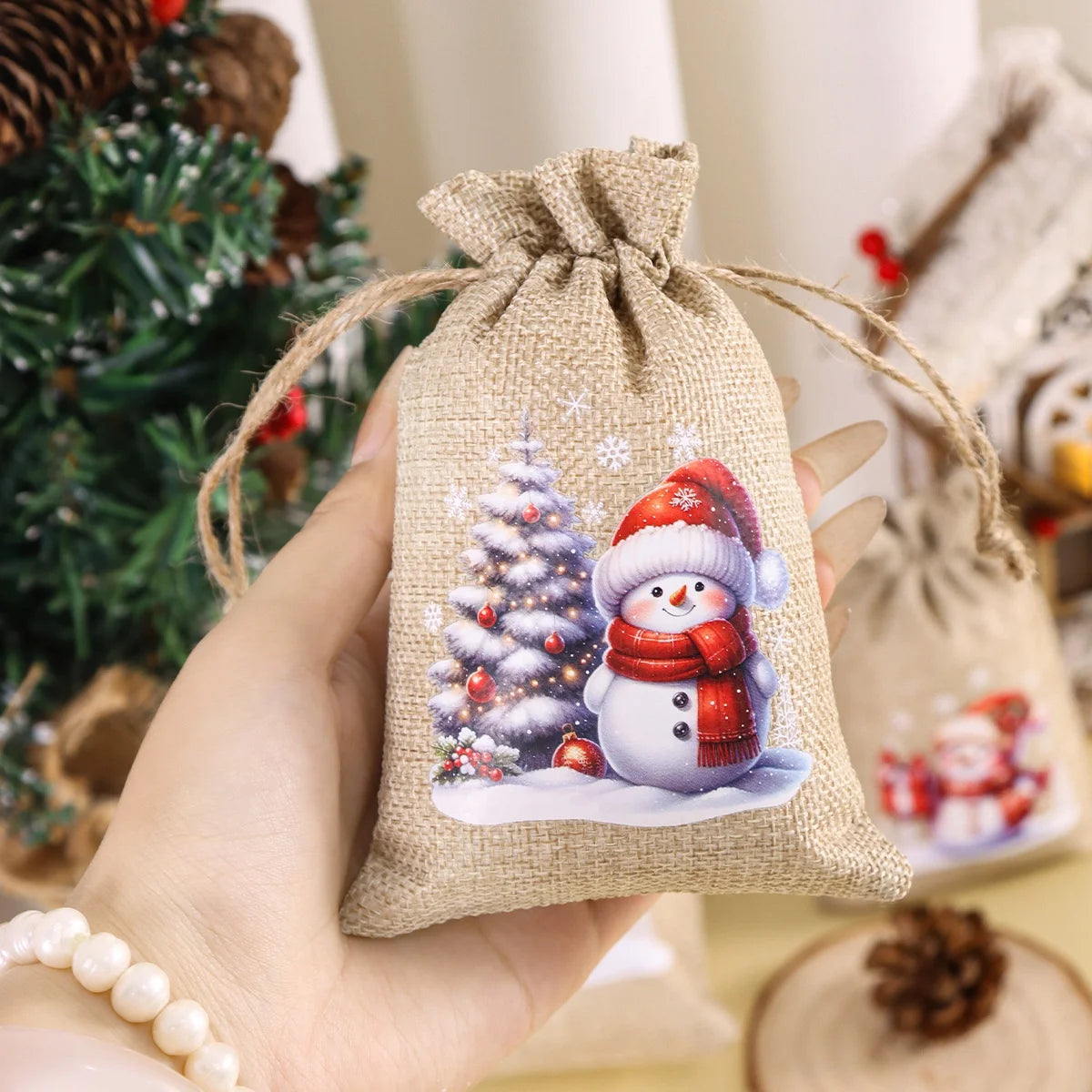 Kerst cadeauverpakking linnen trekkoord zakjes set van 6 stuks