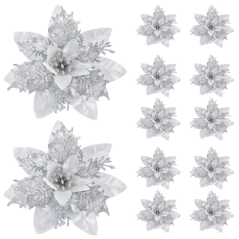 Kerstboom ornament glitter bloemen set 14cm kerstdecoratie