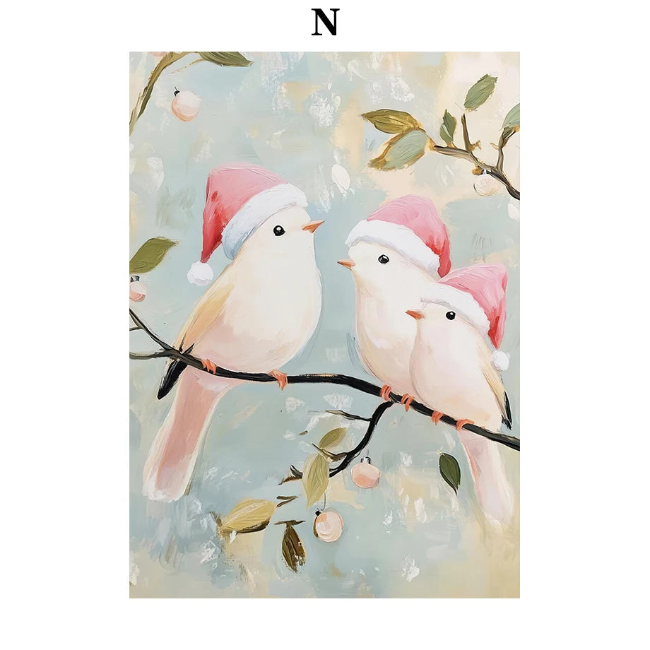 Kerst schilderij roze strik cadeau kerstboom sneeuwhuis slee poster
