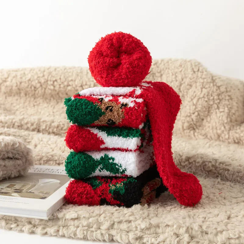 Kerstsokken warme zachte fleece met rendier en sneeuwvlok design – 5 paar