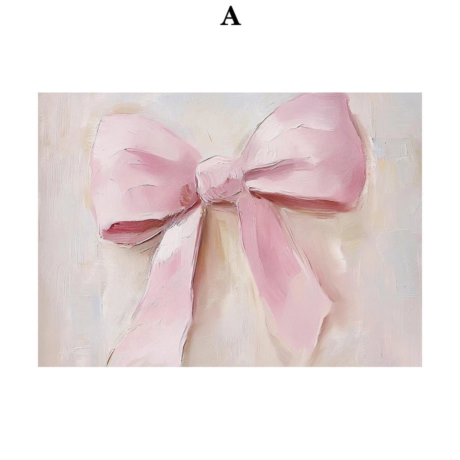 Kerst schilderij roze strik cadeau kerstboom sneeuwhuis slee poster