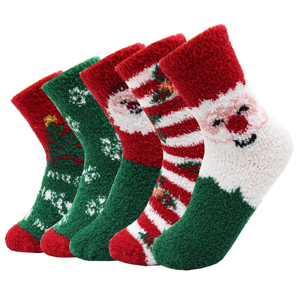 Kerstsokken warme zachte fleece met rendier en sneeuwvlok design – 5 paar