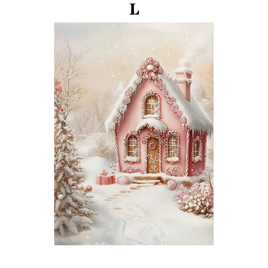 Kerst schilderij roze strik cadeau kerstboom sneeuwhuis slee poster