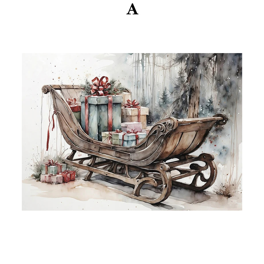 Kerst schilderij met kerstman, sneeuwpop, rendier en arrenslee wintertafereel