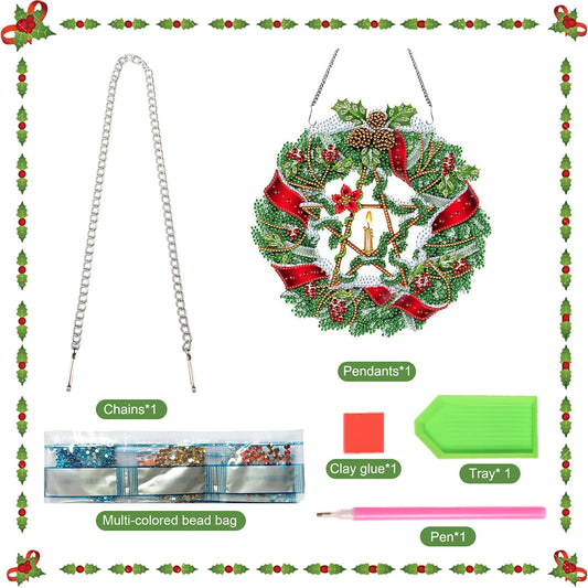 Diamond Painting Kerstkrans hanger met strasstenen en strik