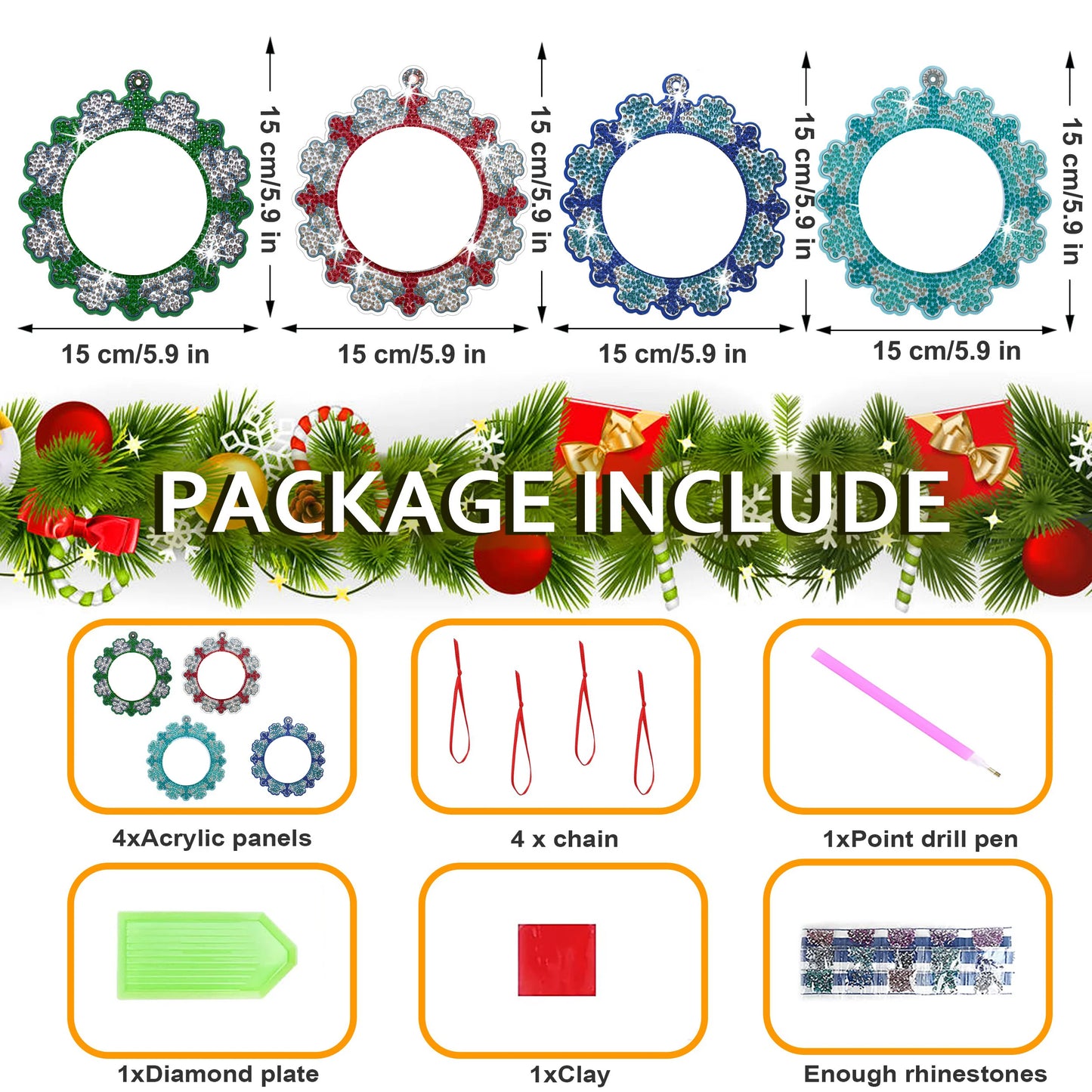 Diamond Painting Kersthangers fotolijst kerstdecoratie set 4 stuks - SDZ006